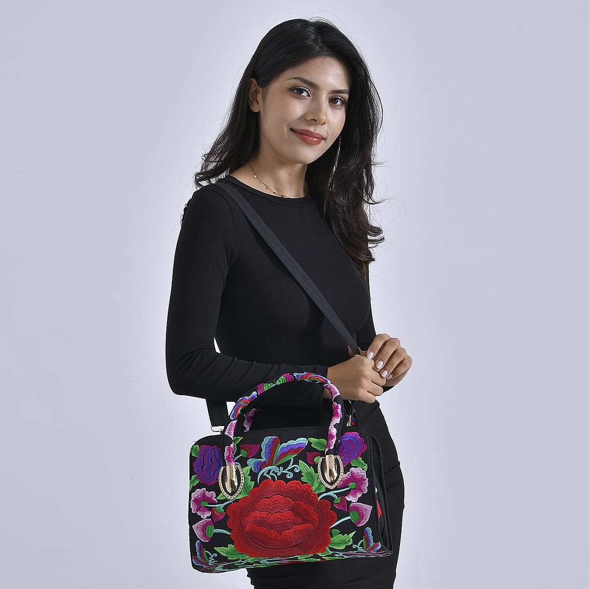 Red Flower Embroidered Floral Pattern Handbag with Detachable Shoulder Strap image number 1