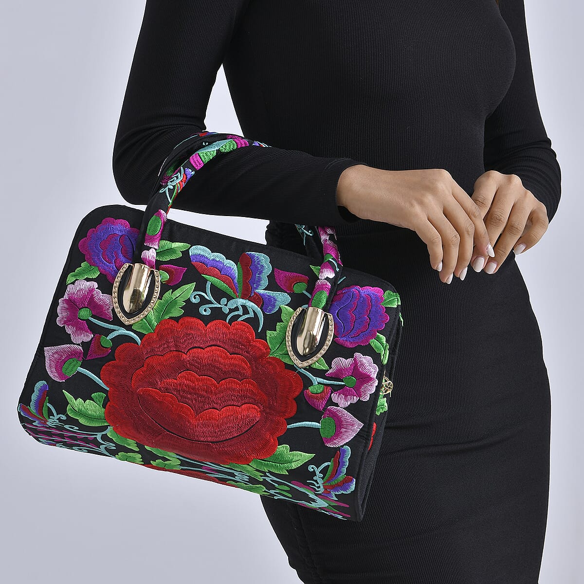 Red Flower Embroidered Floral Pattern Handbag with Detachable Shoulder Strap image number 2