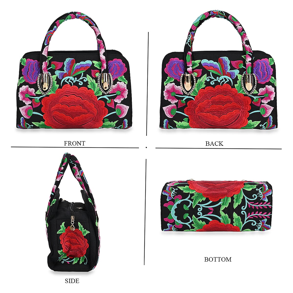 Red Flower Embroidered Floral Pattern Handbag with Detachable Shoulder Strap image number 3