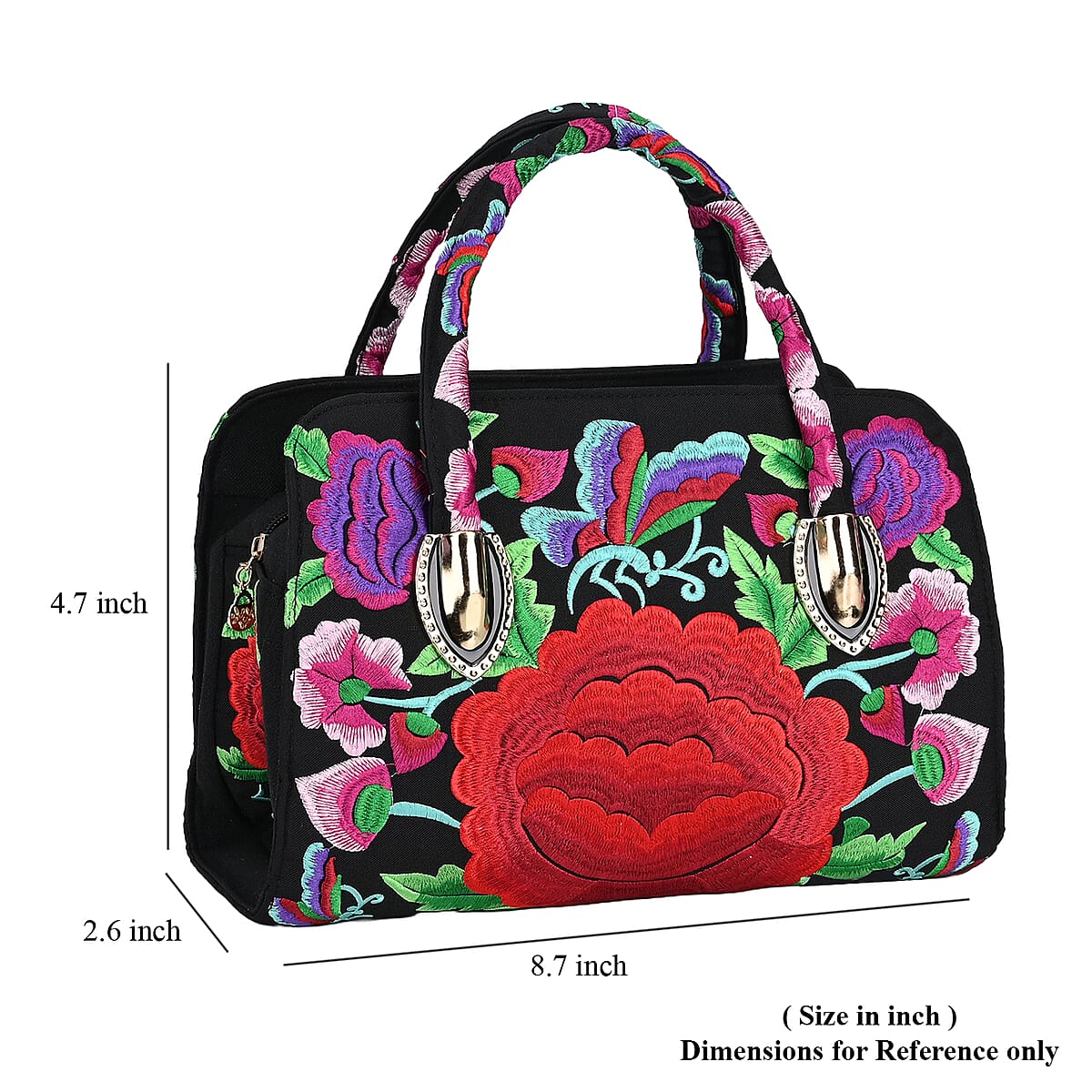 Red Flower Embroidered Floral Pattern Handbag with Detachable Shoulder Strap image number 6