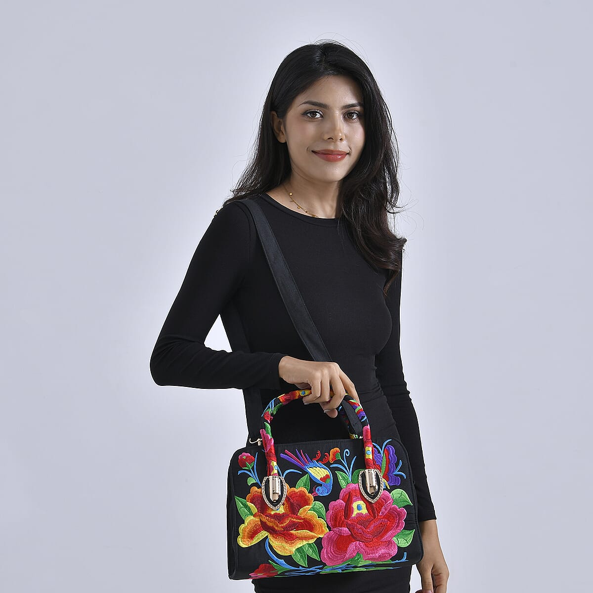 Multi Color Flower Embroidered Floral Pattern Handbag with Detachable Shoulder Strap image number 1