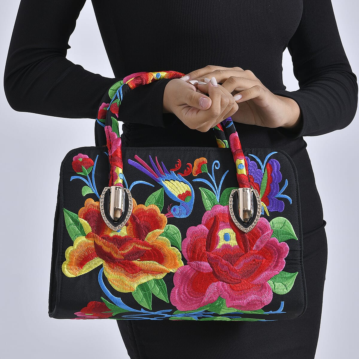 Multi Color Flower Embroidered Floral Pattern Handbag with Detachable Shoulder Strap image number 2