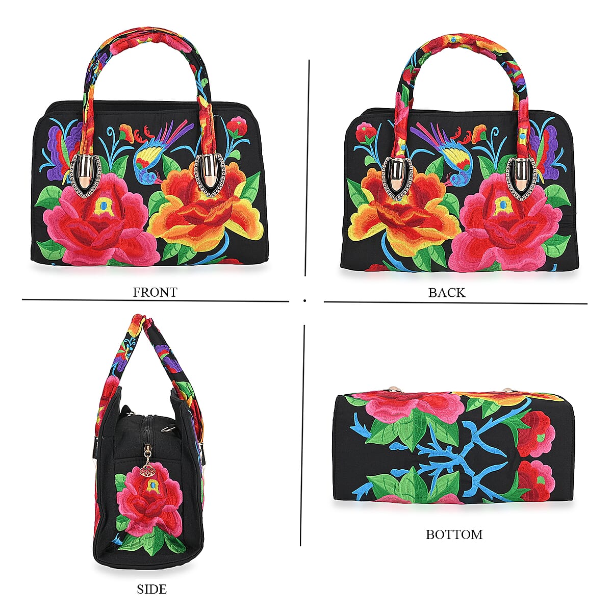 Multi Color Flower Embroidered Floral Pattern Handbag with Detachable Shoulder Strap image number 3