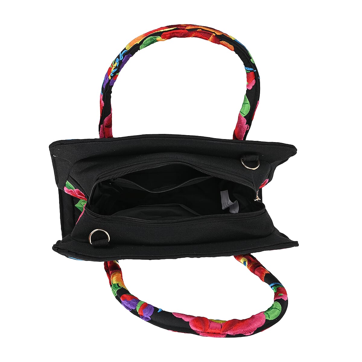 Multi Color Flower Embroidered Floral Pattern Handbag with Detachable Shoulder Strap image number 4