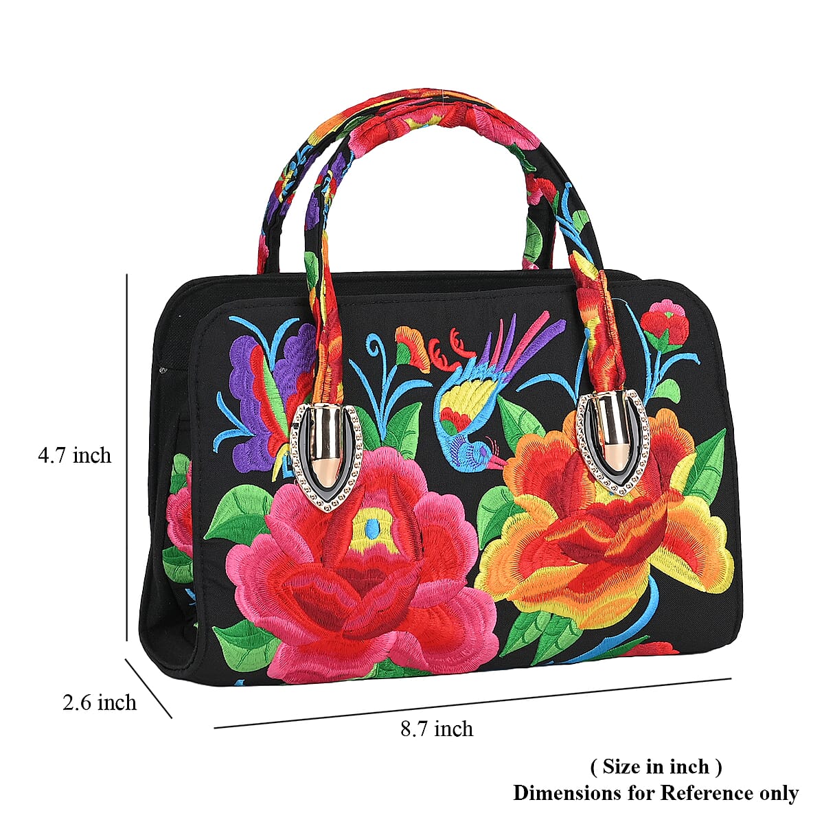 Multi Color Flower Embroidered Floral Pattern Handbag with Detachable Shoulder Strap image number 6