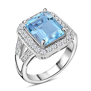 Blue Topaz and Simulated Diamond 5.10 ctw Ring in Silvertone (Size 7.0)