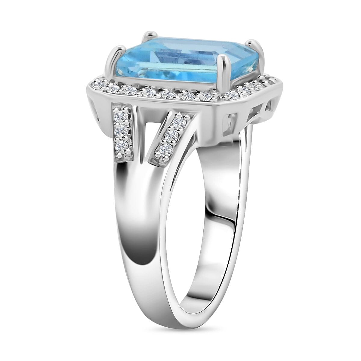 Blue Topaz and Simulated Diamond 5.10 ctw Ring in Silvertone (Size 7.0) image number 3