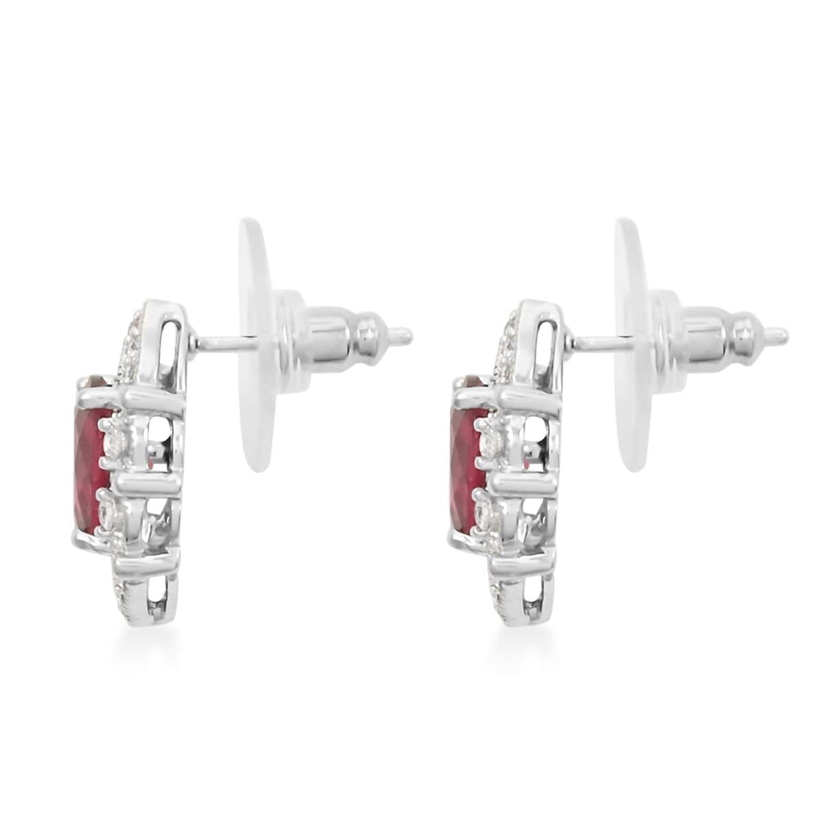 Ruby and Simulated Diamond 3.60 ctw Earrings in Silvertone image number 3