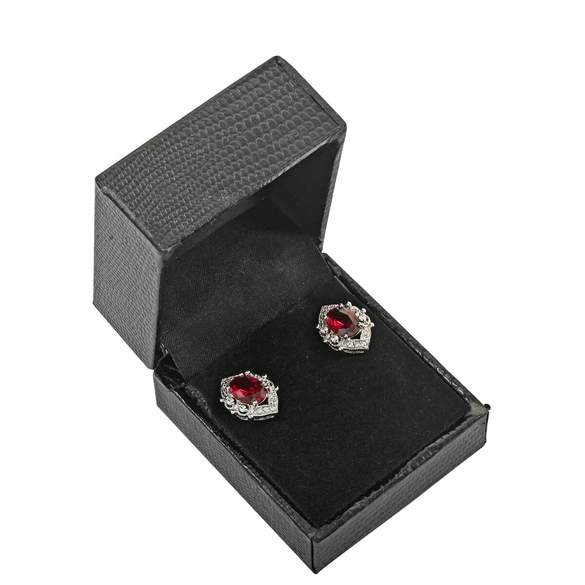 Ruby and Simulated Diamond 3.60 ctw Earrings in Silvertone image number 5