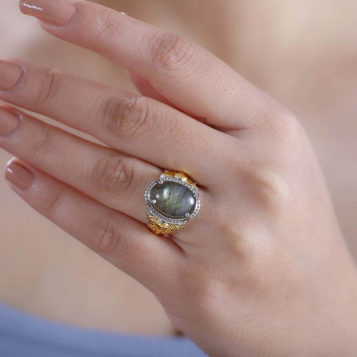 Karis Malagasy Labradorite 7.60 ctw Solitaire Ring in 18K Yellow Gold Plated and Platinum Bond (Size 6.0) image number 2