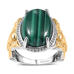 Karis African Malachite 9.25 ctw Solitaire Ring in 18K YG Plated and Platinum Bond (Size 6.0)