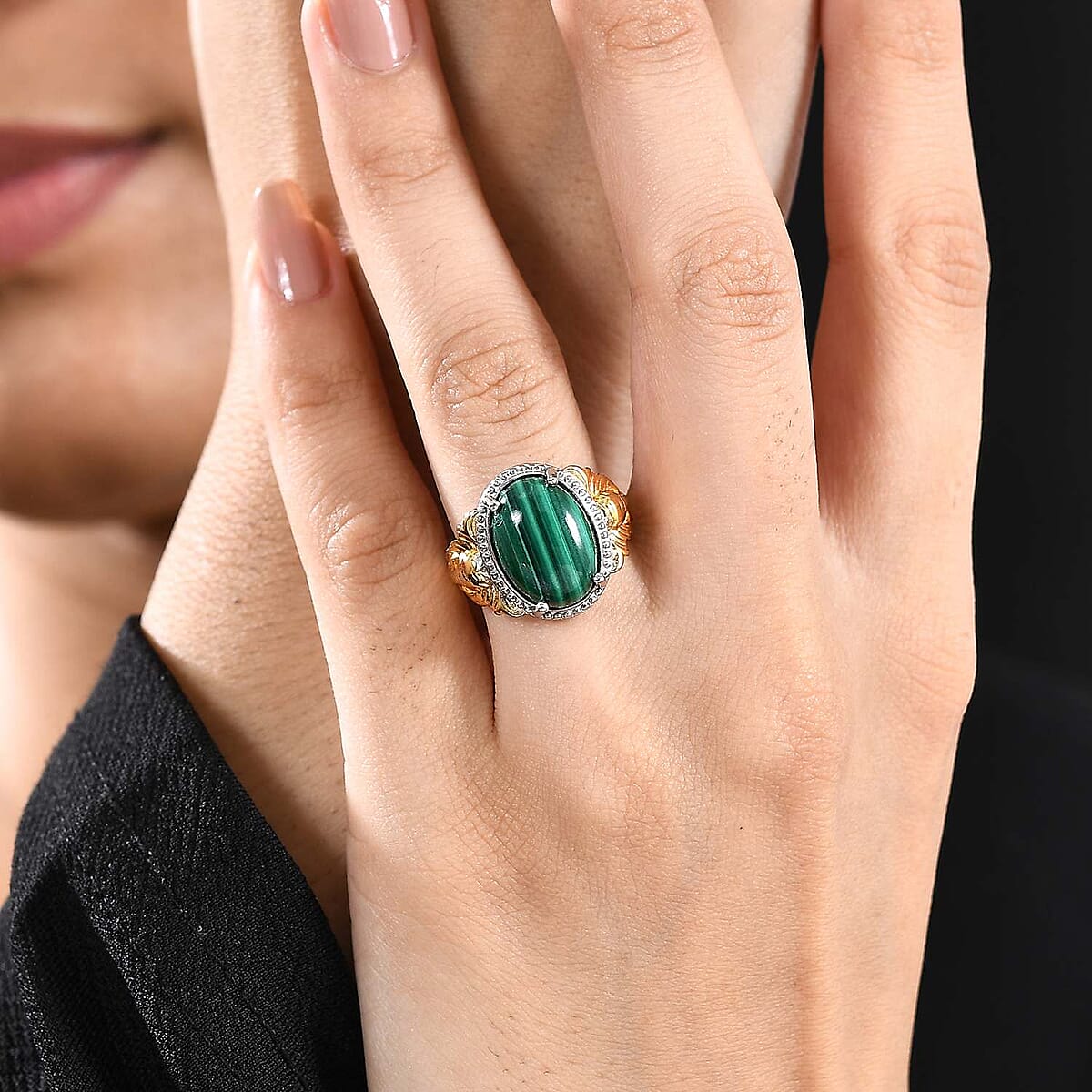 Karis African Malachite 9.25 ctw Solitaire Ring in 18K YG Plated and Platinum Bond (Size 6.0) image number 2