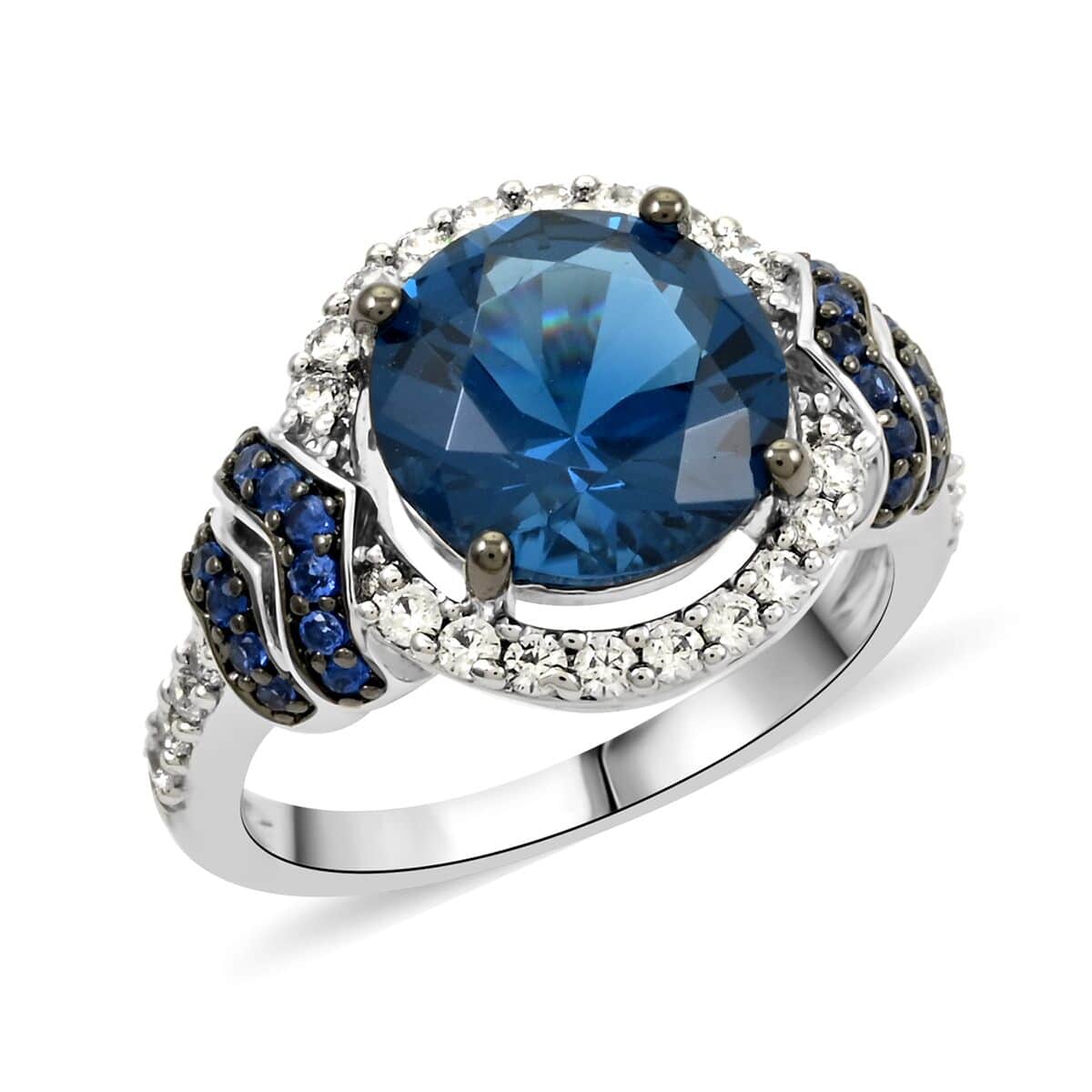 London Blue Topaz, Simulated Blue and White Diamond 4.60 ctw Ring in Silvertone (Size 10.0) image number 0