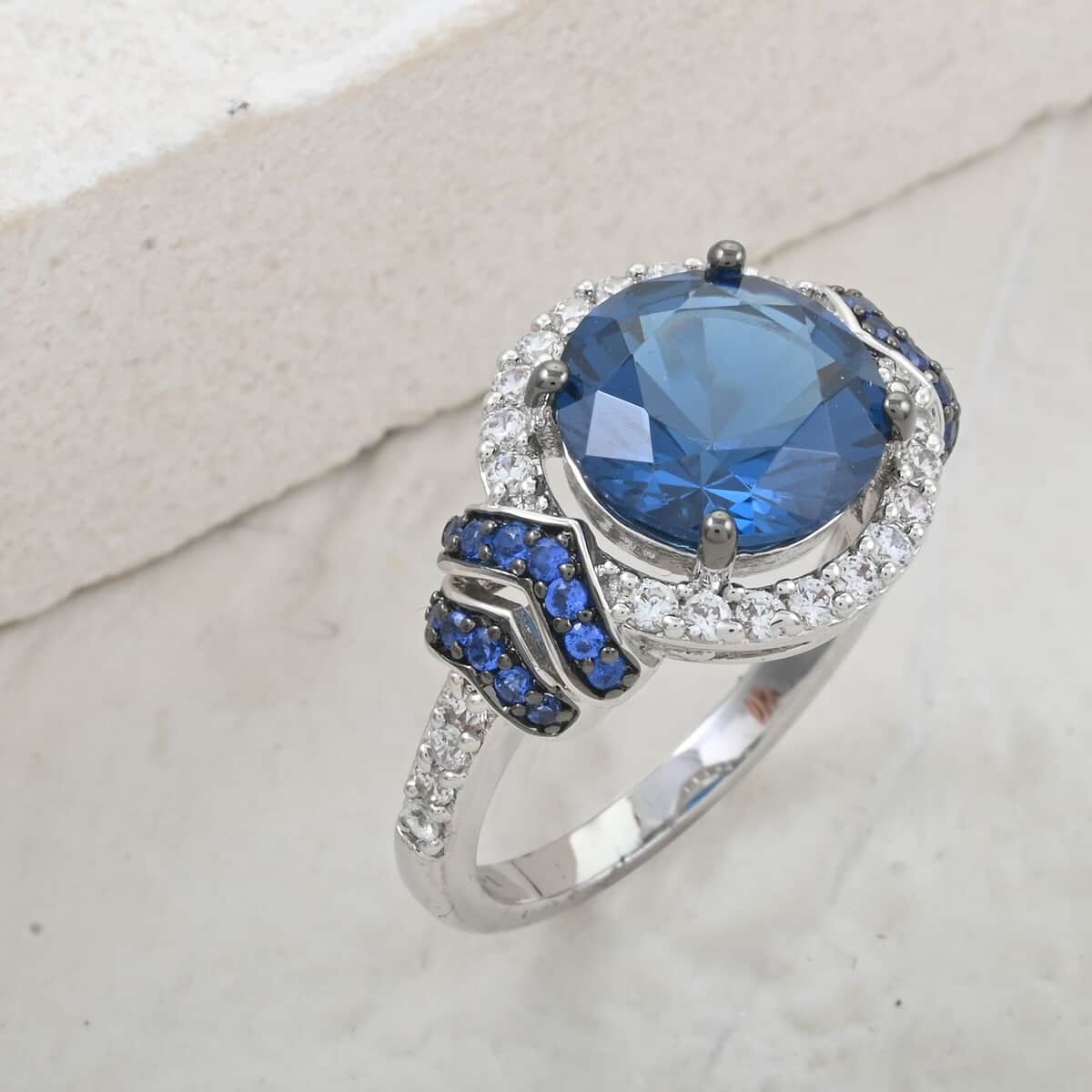 London Blue Topaz, Simulated Blue and White Diamond 4.60 ctw Ring in Silvertone (Size 10.0) image number 1