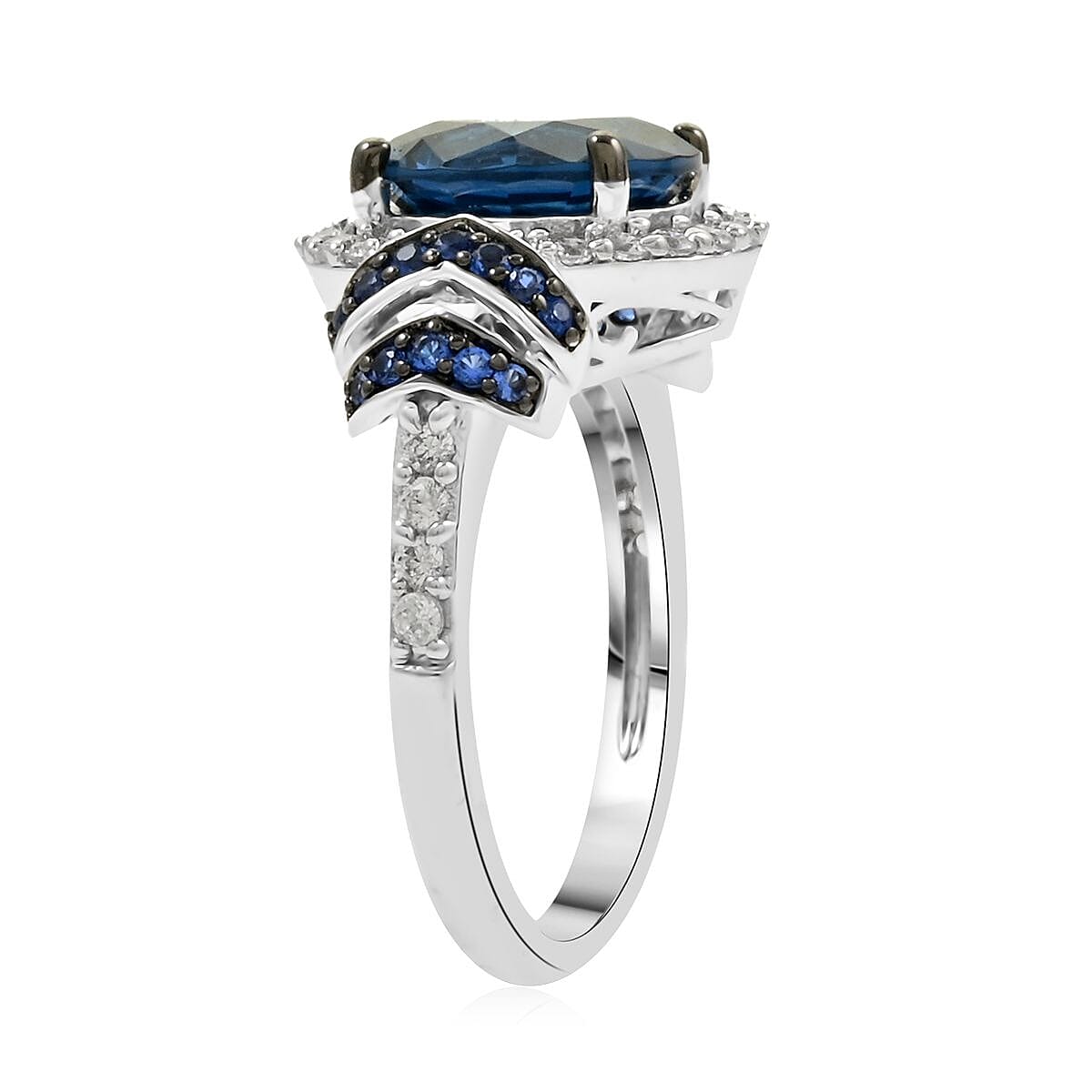 Blue Topaz, Simulated Blue and White Diamond 4.60 ctw Ring in Silvertone (Size 8.0) image number 3