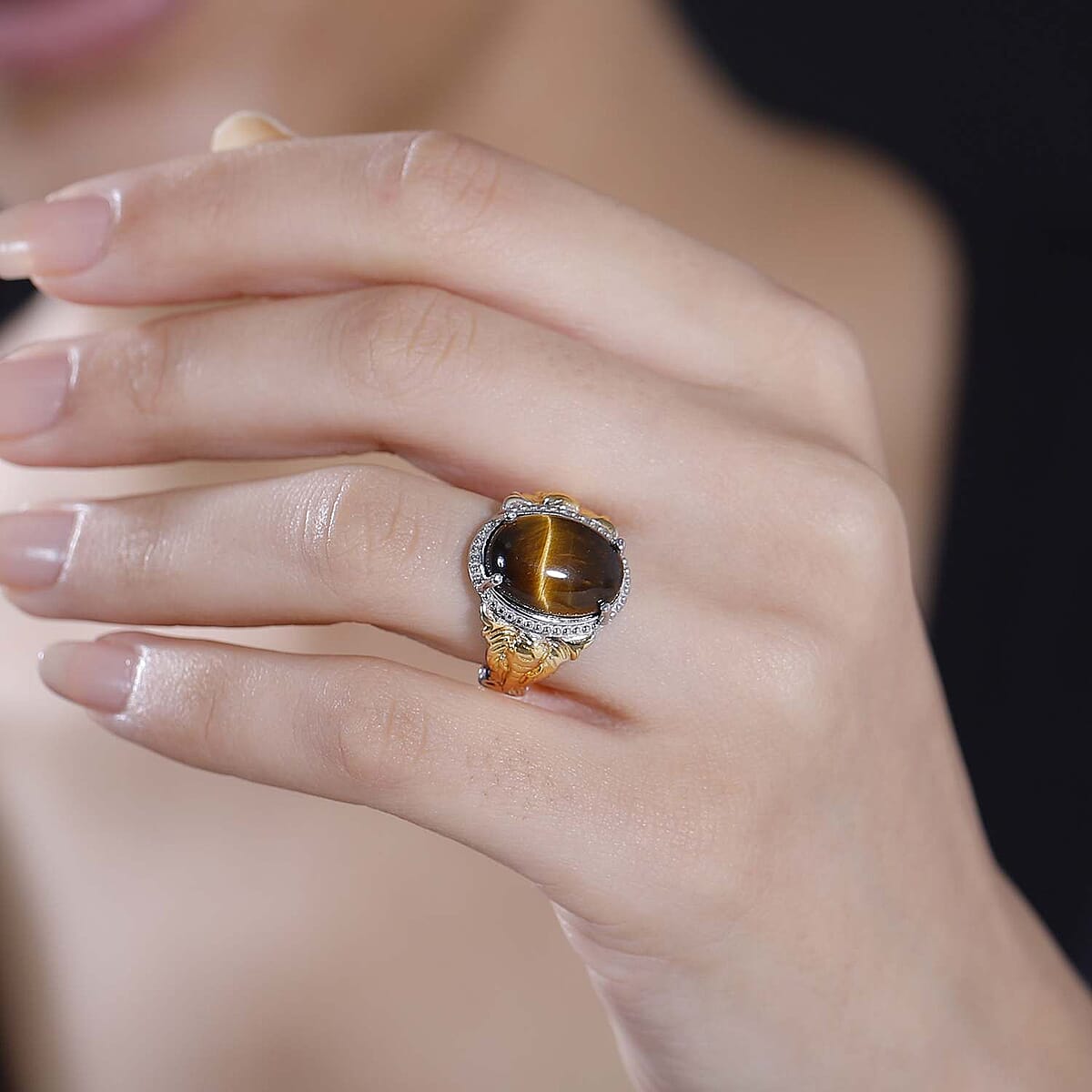 Karis Tiger's Eye 6.65 ctw Solitaire Ring in 18K YG Plated and Platinum Bond (Size 9.0) image number 2