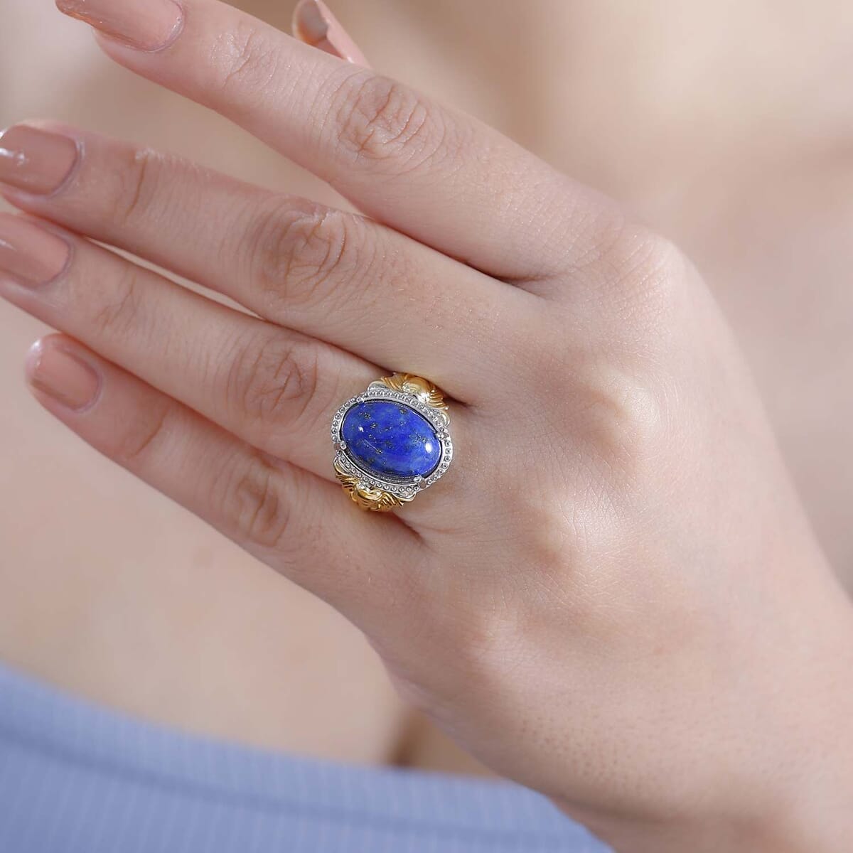 Karis Lapis Lazuli 7.00 ctw Solitaire Ring in 18K Yellow Gold Plated and Platinum Bond (Size 8.0) image number 2