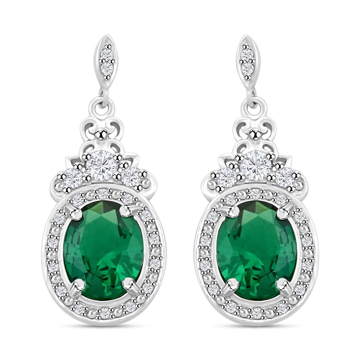 Simulated Emerald and Simulated Diamond 8.75 ctw Earrings in Silvertone image number 0