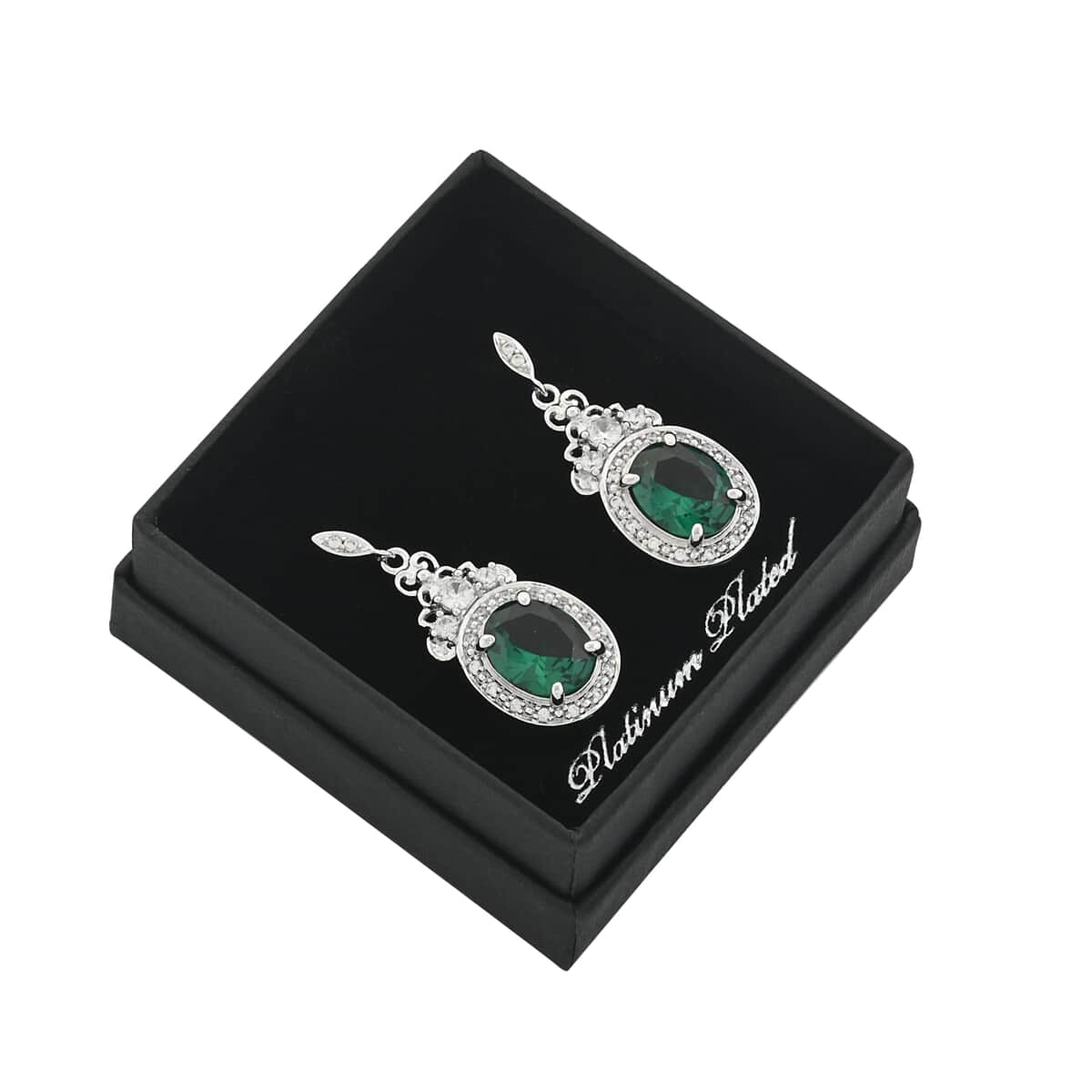 Simulated Emerald and Simulated Diamond 8.75 ctw Earrings in Silvertone image number 5