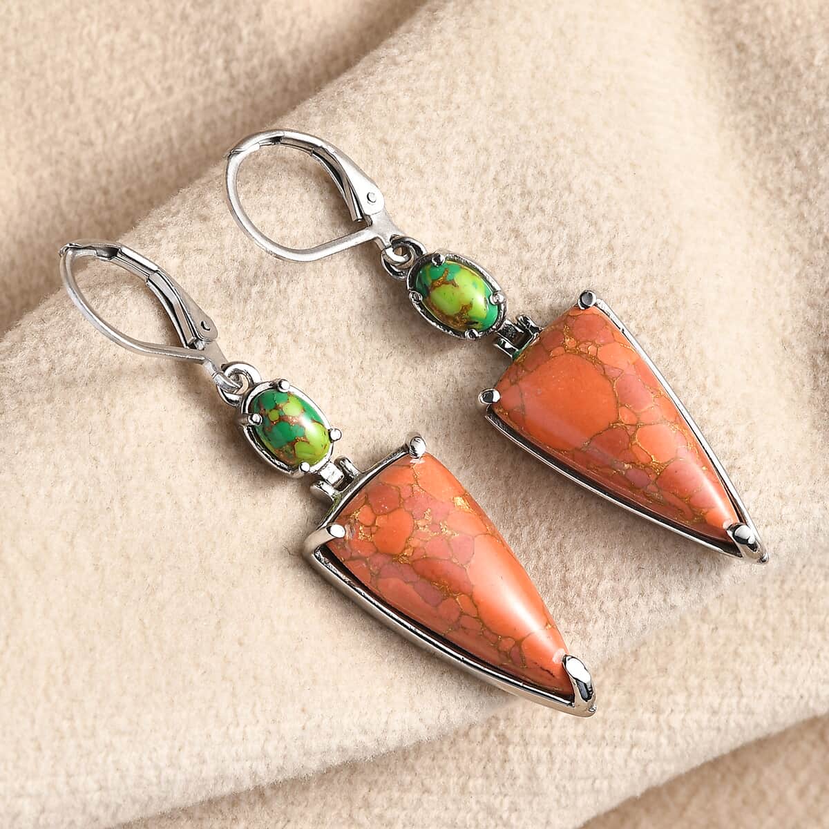 Mojave Orange Turquoise, Green Turquoise Earrings in Stainless Steel 14.30 ctw image number 1