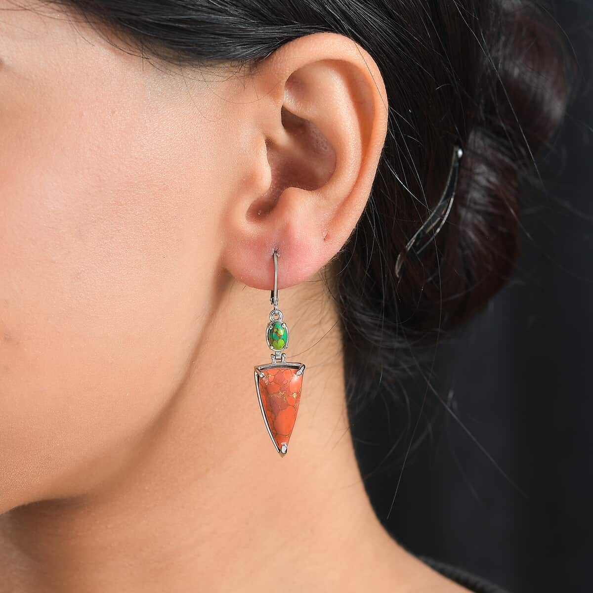 Mojave Orange Turquoise, Green Turquoise Earrings in Stainless Steel 14.30 ctw image number 2