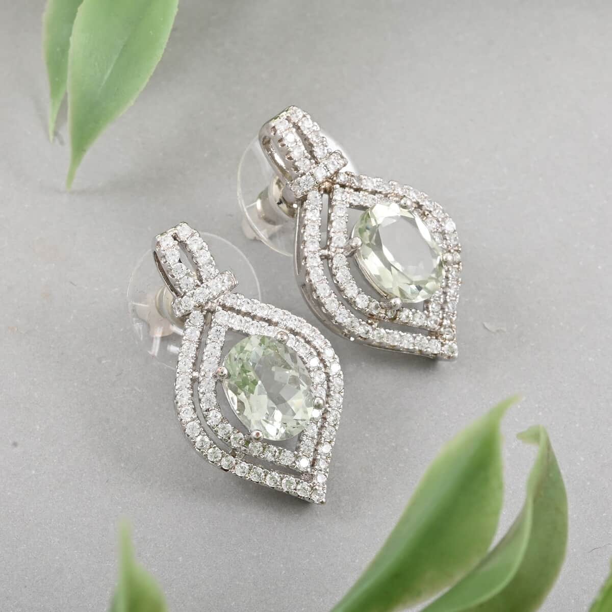 Simulated Prasiolite and Simulated Diamond 5.25 ctw Earrings in Silvertone image number 1