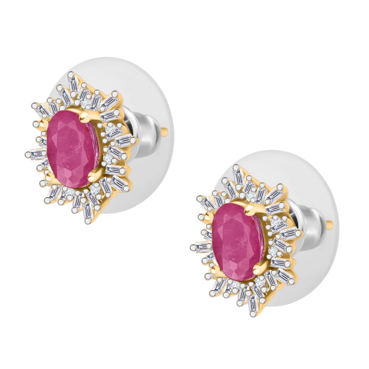 Mozambique Ruby and Diamond 1.40 ctw Stud Earrings in 18K Vermeil Yellow Gold Over Sterling Silver image number 2