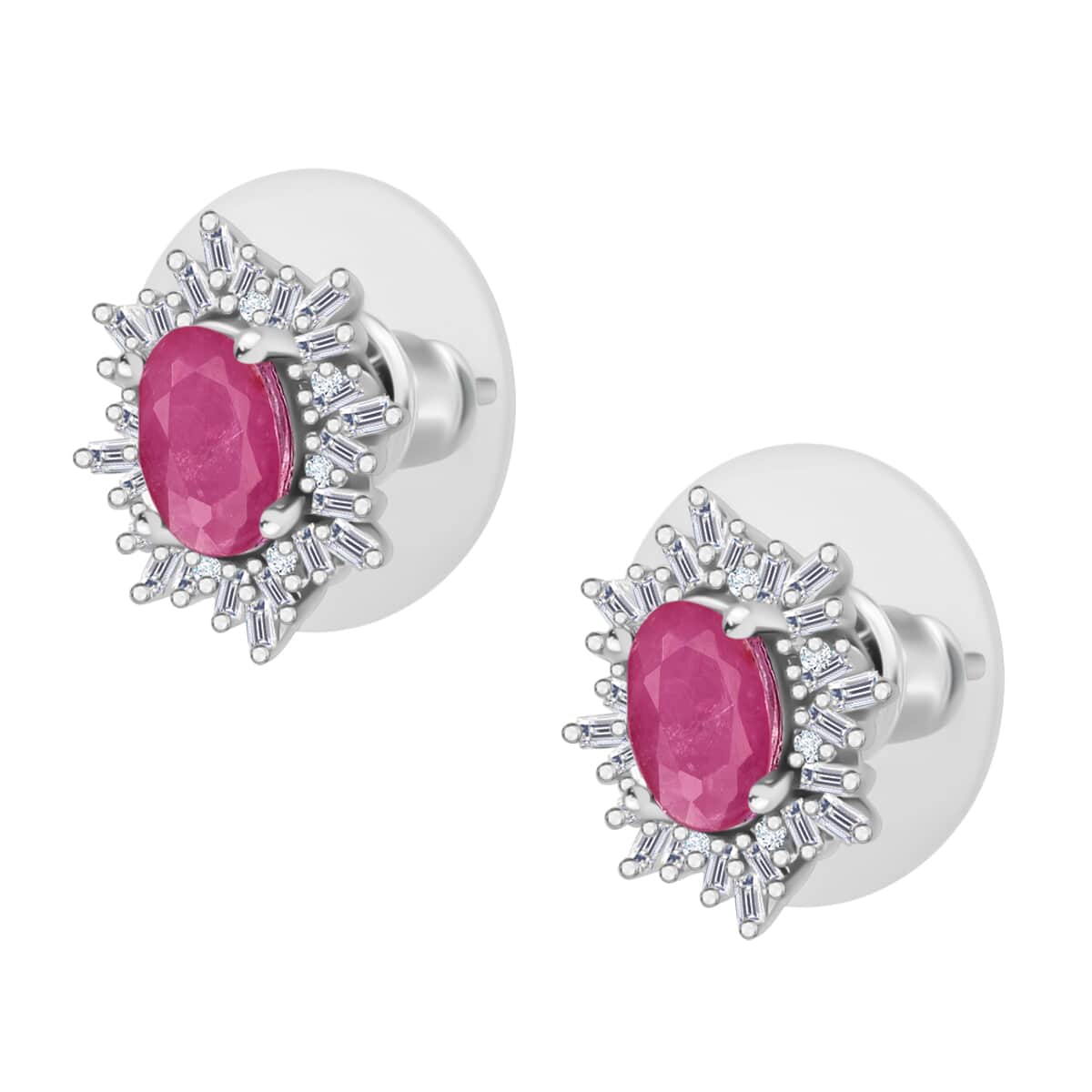 Mozambique Ruby and Diamond 1.40 ctw Stud Earrings in Rhodium Over Sterling Silver image number 2