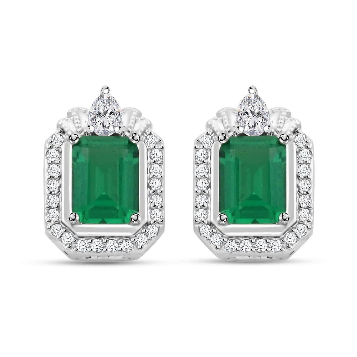 Simulated Emerald and Simulated Diamond 4.35 ctw Earrings in Silvertone image number 0