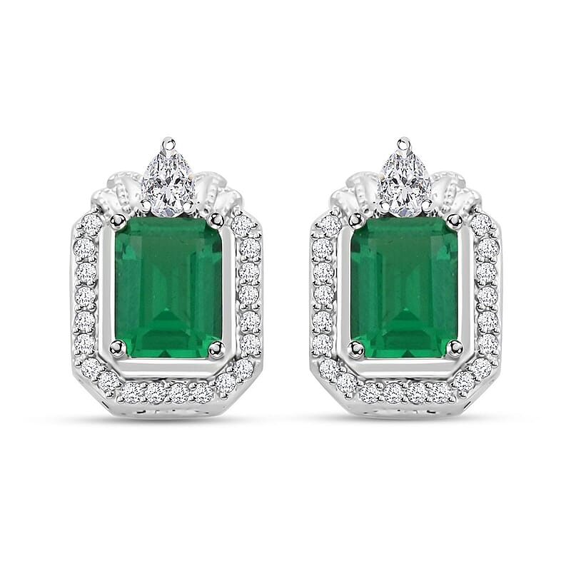 Simulated Emerald and Simulated Diamond Earrings in Silvertone