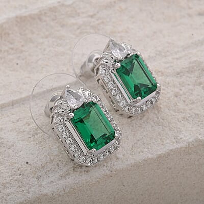 Simulated Emerald and Simulated Diamond Earrings in Silvertone