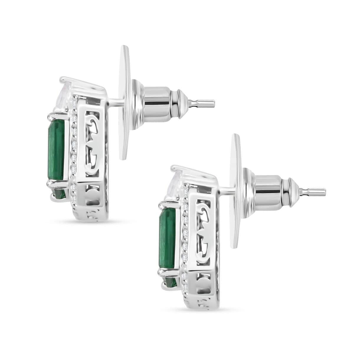 Simulated Emerald and Simulated Diamond 4.35 ctw Earrings in Silvertone image number 3