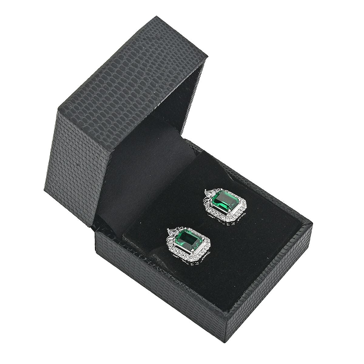 Simulated Emerald and Simulated Diamond Earrings in Silvertone