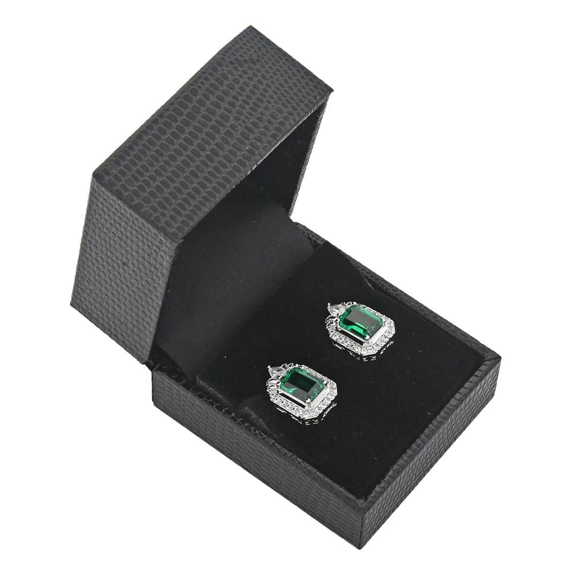 Simulated Emerald and Simulated Diamond 4.35 ctw Earrings in Silvertone image number 5