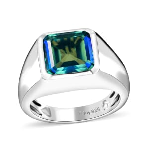 Asscher Cut Peacock Quartz (Triplet) 5.20 ctw Eagle Men's Ring in Rhodium Over Sterling Silver (Size 13.0)