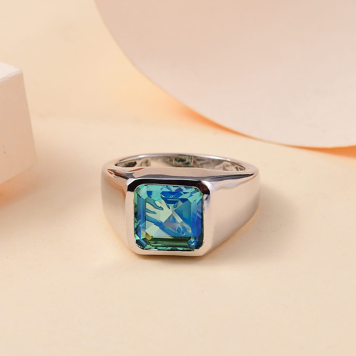Asscher Cut Peacock Quartz (Triplet) 5.20 ctw Eagle Men's Ring in Rhodium Over Sterling Silver (Size 13.0) image number 1