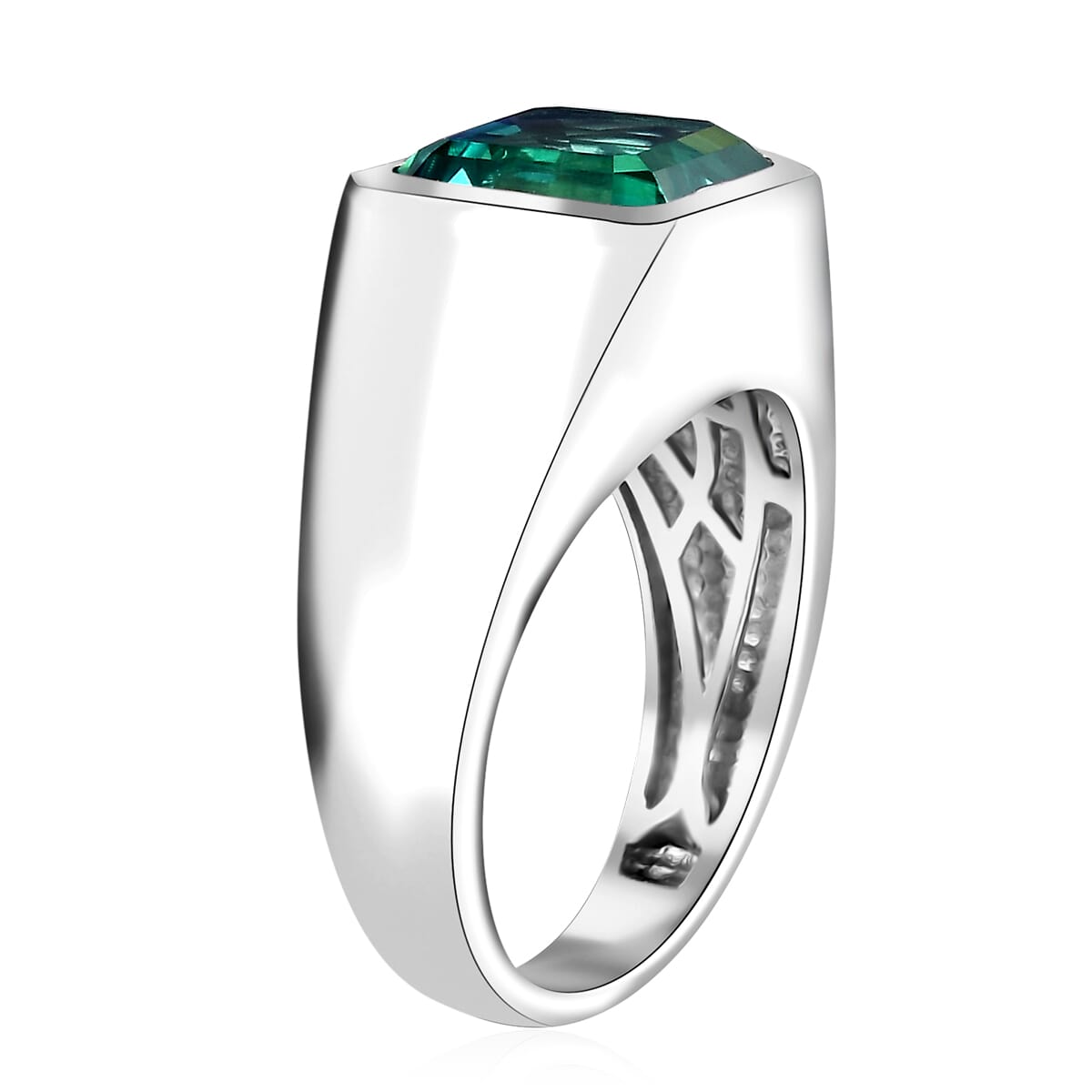 Asscher Cut Peacock Quartz (Triplet) 5.20 ctw Eagle Men's Ring in Rhodium Over Sterling Silver (Size 13.0) image number 3