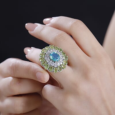 Peacock Quartz (Triplet) and Multi Gemstone 12.00 ctw Flower Ring in Rhodium Over Sterling Silver (Size 10.0)