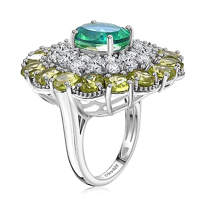 Peacock Quartz (Triplet) and Multi Gemstone 12.00 ctw Flower Ring in Rhodium Over Sterling Silver (Size 10.0)