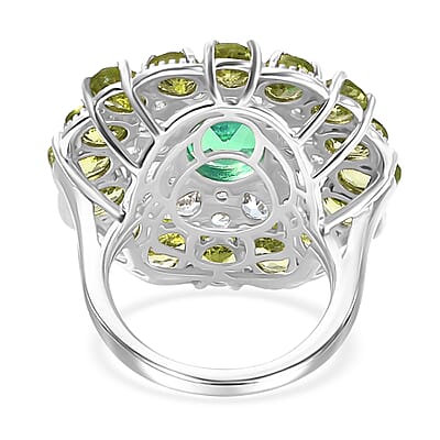 Peacock Quartz (Triplet) and Multi Gemstone 12.00 ctw Flower Ring in Rhodium Over Sterling Silver (Size 10.0)