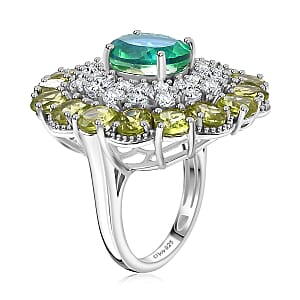 D'Joy Peacock Quartz (Triplet) and Multi Gemstone 12.00 ctw Flower Ring in Rhodium Over Sterling Silver (Size 6.0)