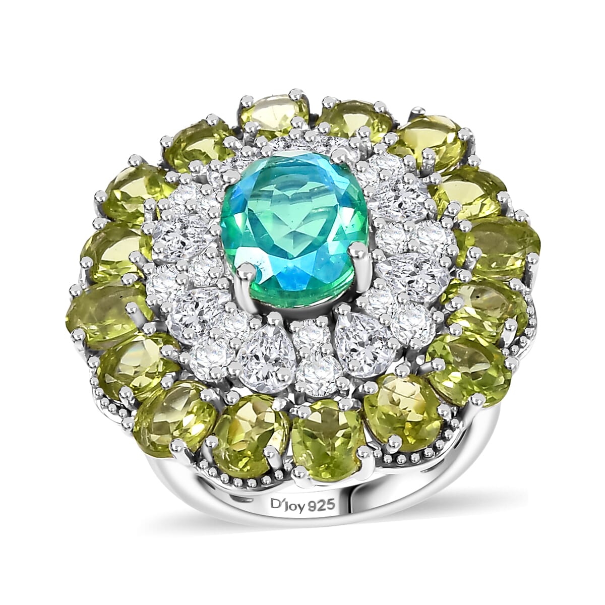 Peacock Quartz (Triplet) and Multi Gemstone 12.00 ctw Flower Ring in Rhodium Over Sterling Silver (Size 9.0) image number 0