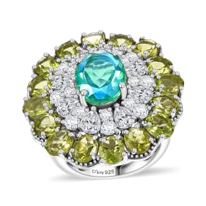Peacock Quartz (Triplet) and Multi Gemstone 12.00 ctw Flower Ring in Rhodium Over Sterling Silver (Size 9.0)