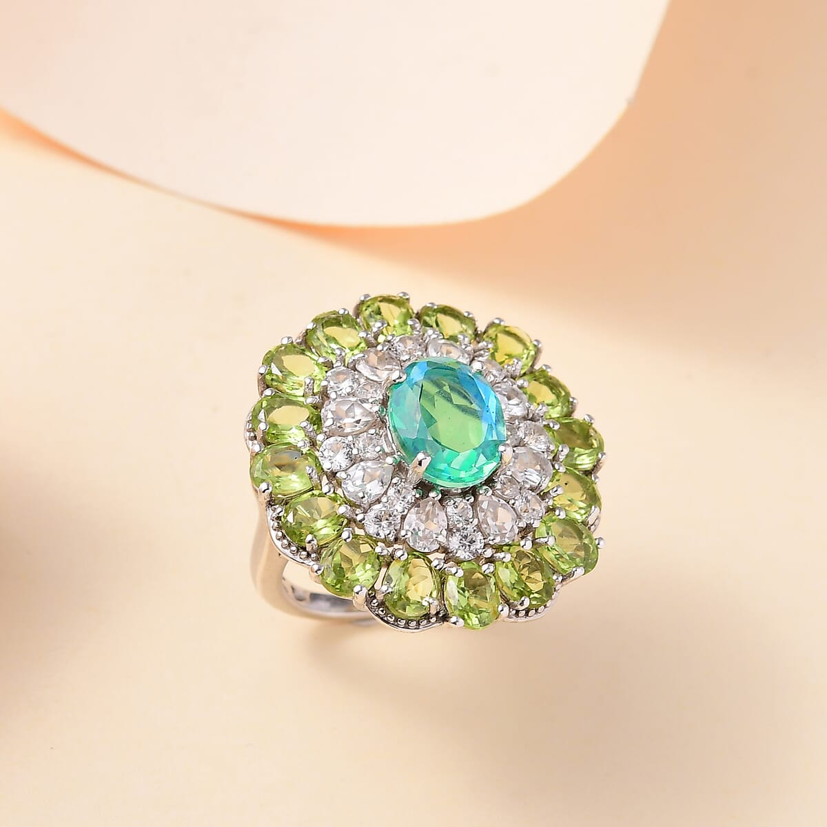 Peacock Quartz (Triplet) and Multi Gemstone 12.00 ctw Flower Ring in Rhodium Over Sterling Silver (Size 9.0) image number 1
