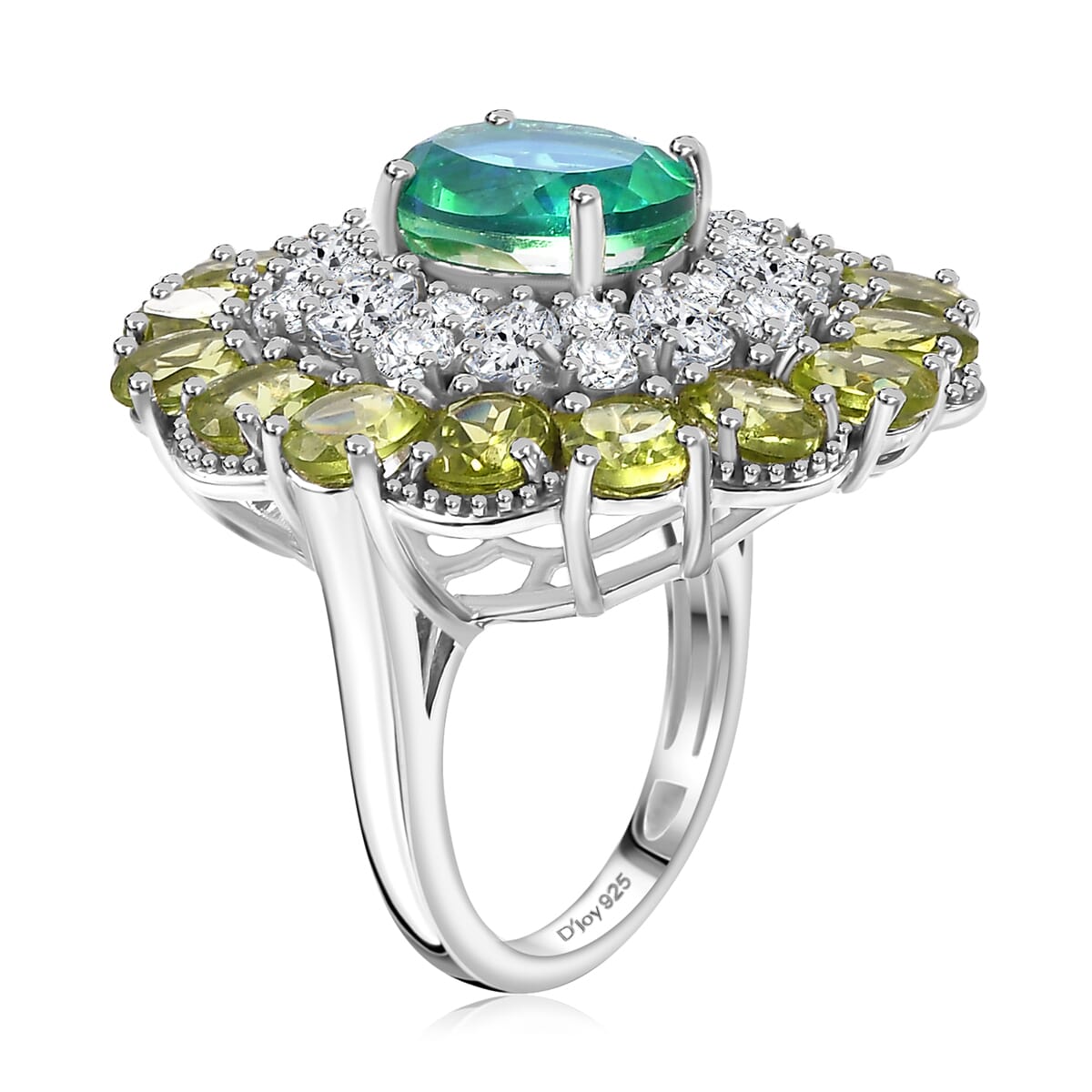 Peacock Quartz (Triplet) and Multi Gemstone 12.00 ctw Flower Ring in Rhodium Over Sterling Silver (Size 9.0) image number 3