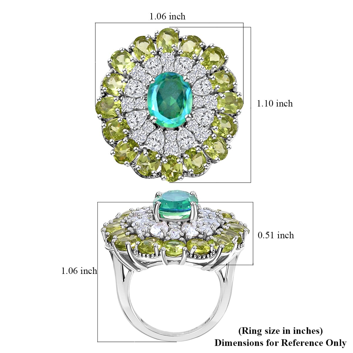 Peacock Quartz (Triplet) and Multi Gemstone 12.00 ctw Flower Ring in Rhodium Over Sterling Silver (Size 9.0) image number 5