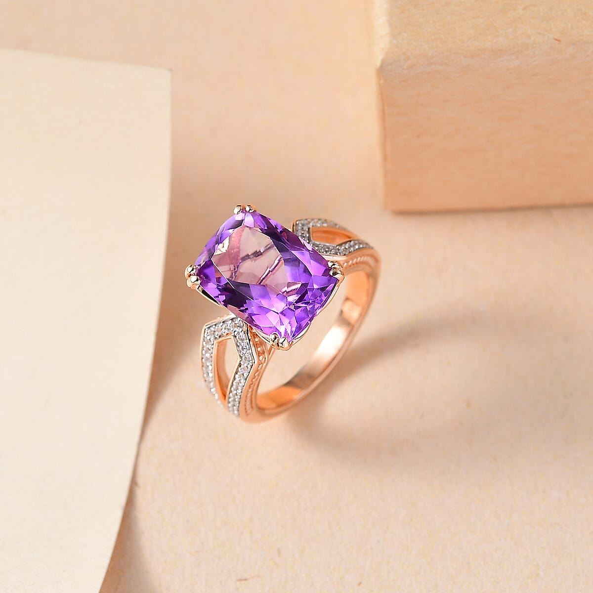 Rose De Morocco Amethyst and White Zircon 7.00 ctw Art Deco Ring in 18K Vermeil Rose Gold Over Sterling Silver (Size 8.0) image number 1
