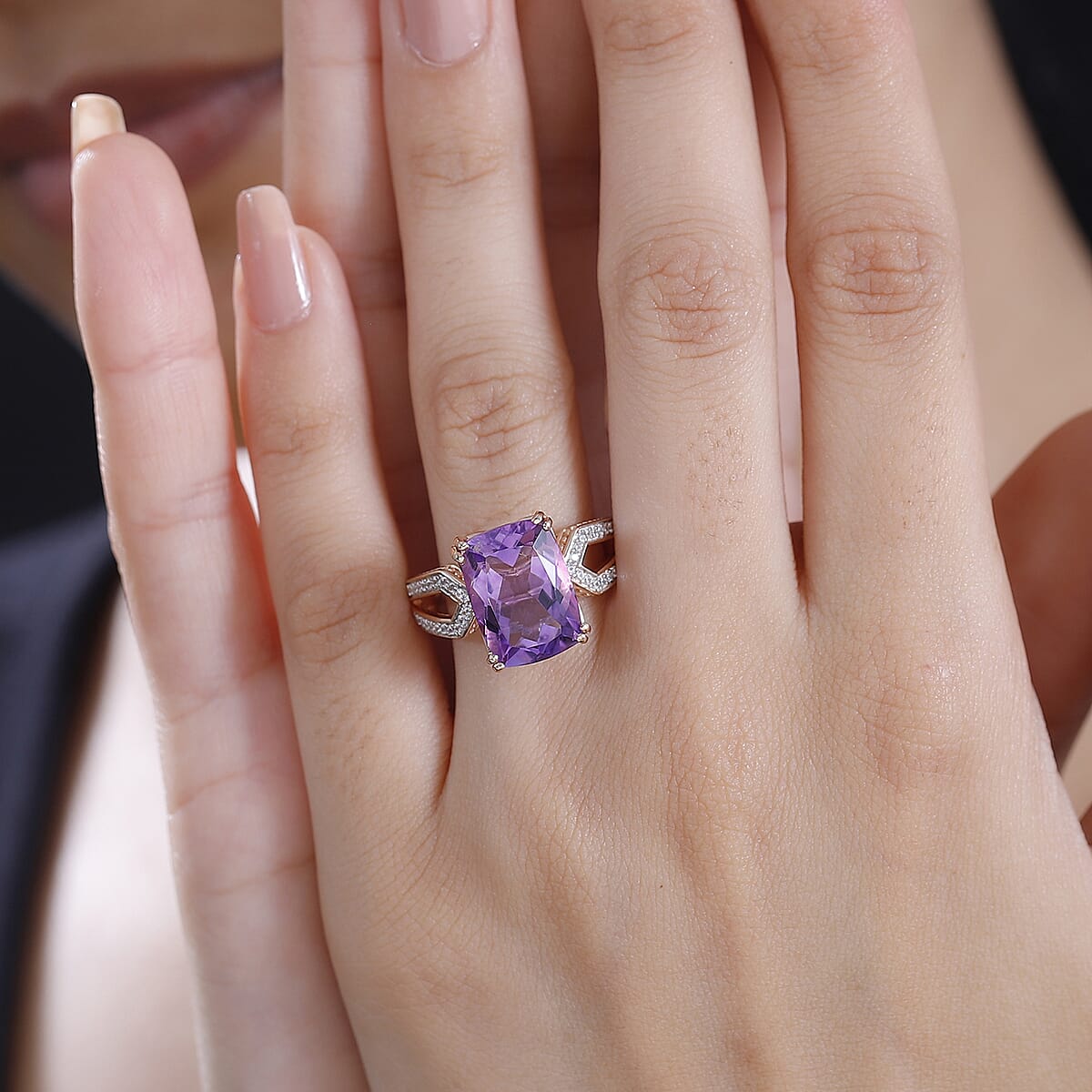 Rose De Morocco Amethyst and White Zircon 7.00 ctw Art Deco Ring in 18K Vermeil Rose Gold Over Sterling Silver (Size 8.0) image number 2