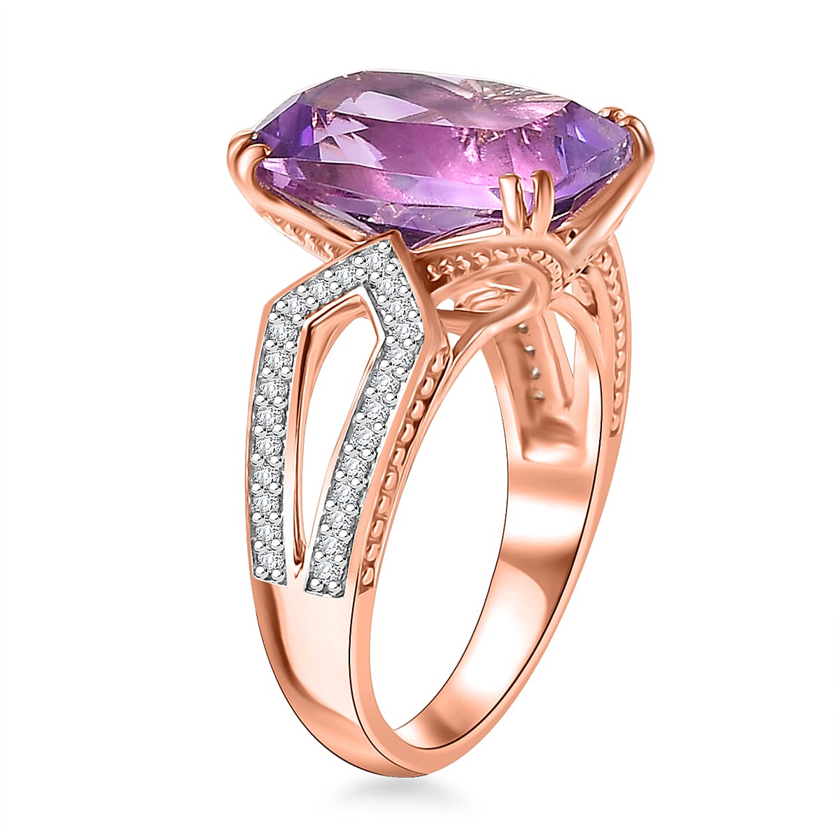 Rose De Morocco Amethyst and White Zircon 7.00 ctw Art Deco Ring in 18K Vermeil Rose Gold Over Sterling Silver (Size 8.0) image number 3