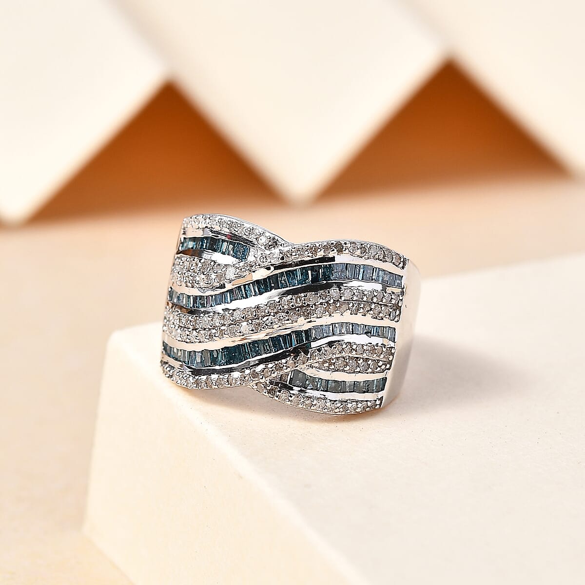 Blue and White Diamond 1.00 ctw Bridge Over Ring in Rhodium Over Sterling Silver (Size 5.0) image number 1